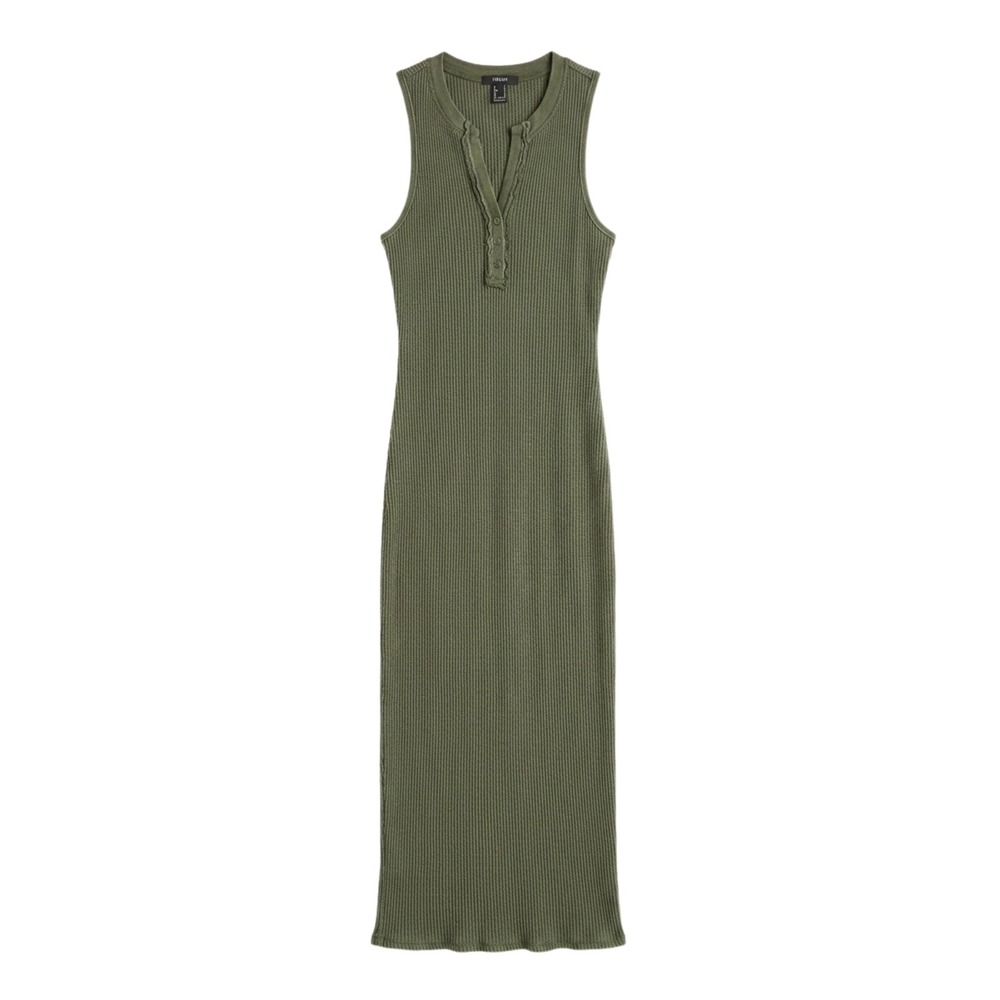 Forever 21 Henley Maxi Dress Small Olive Green Waffle Knit Thermal Sleeveless